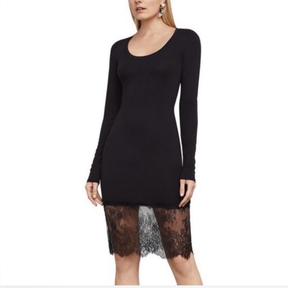 MWT BCBGMAXAZRIA Elegant Navy Blue Long Sleeve Dress with Lace Hem - Picture 1 of 7